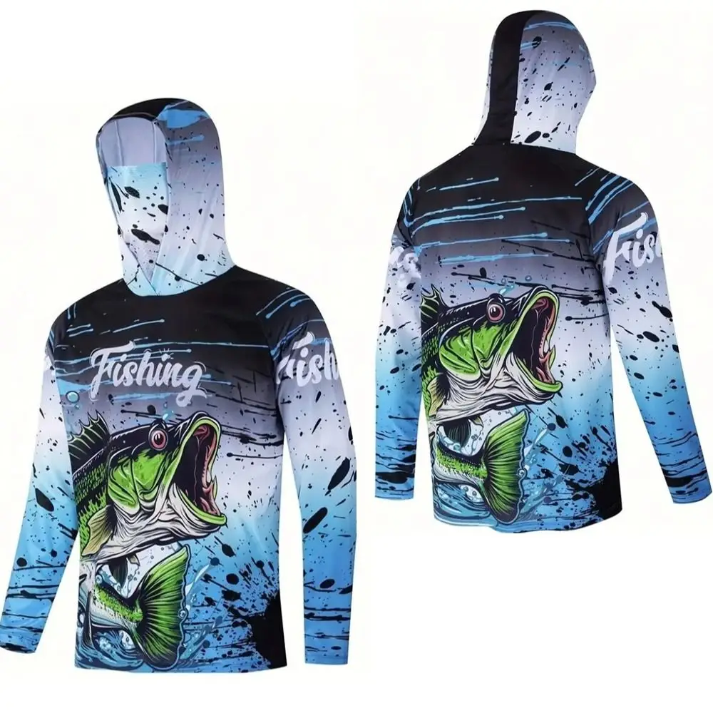 Camisa de pesca con diseño con capucha, máscara de protección UV, Sudadera con capucha, ropa de pesca, tela de rendimiento, Jersey de rendimiento de peso de verano - imagen 4