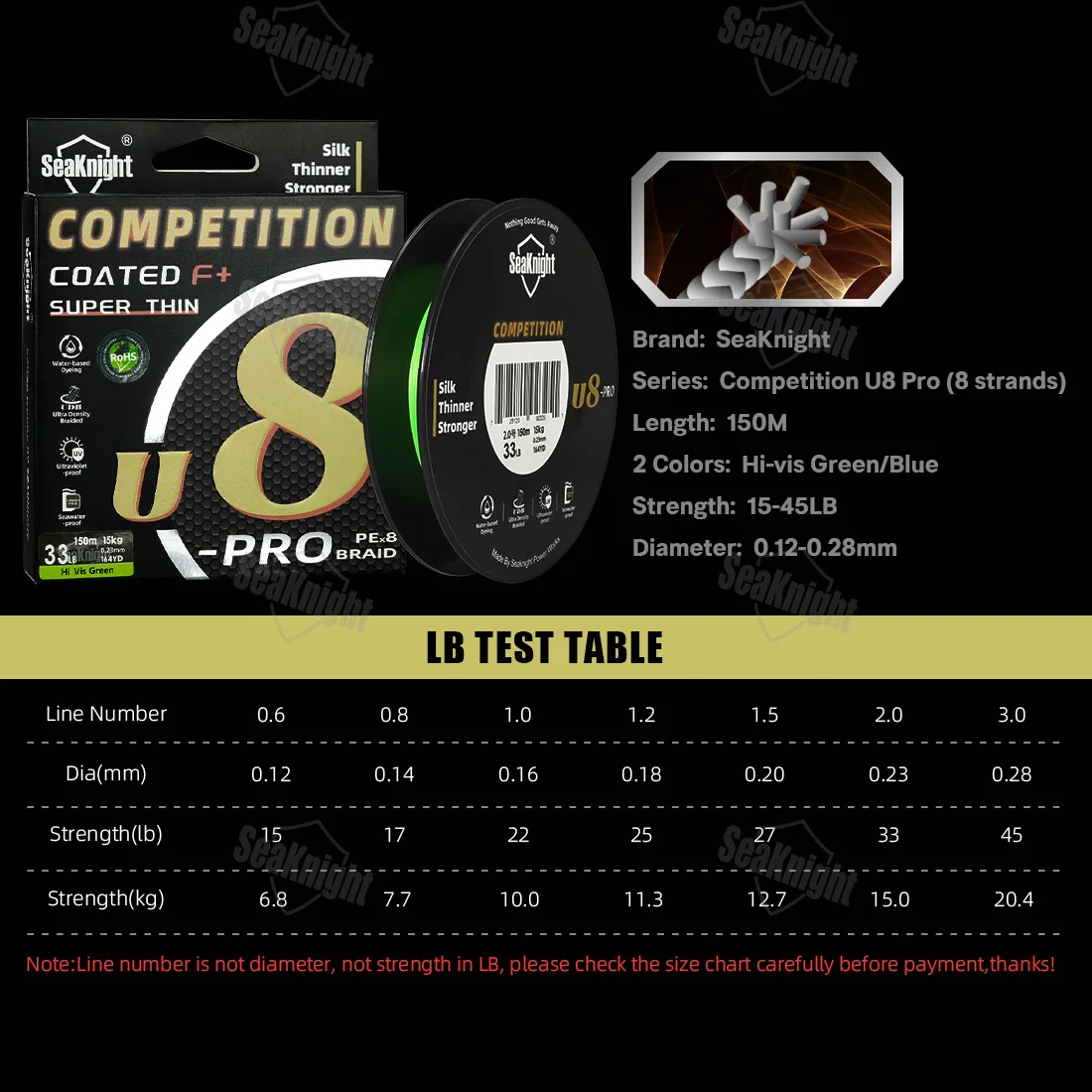 SeaKnight marca competición U8 Pro 8 hebras línea de pesca trenzada 150M súper fino 15-45LB recubierto F + revestimiento anti-UV a prueba de agua de mar - imagen 5