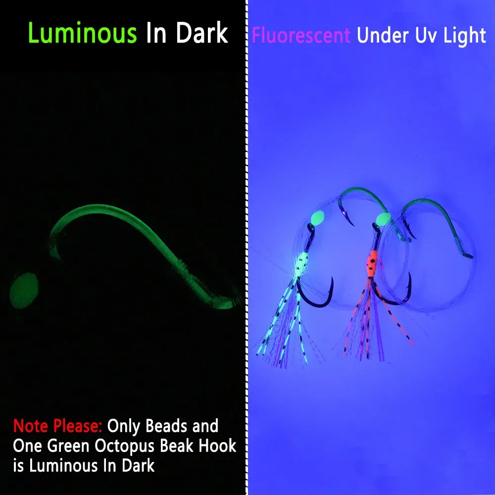 Bimoo pesca en agua salada 2 anzuelos de pico de pulpo aparejo Sabiki anzuelo de pulpo compensado luminoso para atún pargo lubina cebos de pesca de salmón - imagen 4