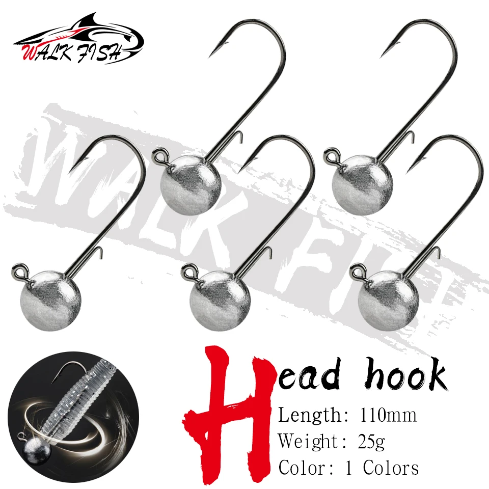 WALK FISH 5 unids/lote 2g-20g anzuelo de cabeza NED, bola redonda de todos los tamaños, gancho de cabeza de plantilla sin malezas, cabeza de plantilla de vástago largo para gusano suave