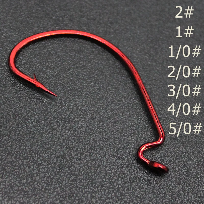 Anzuelos de gusano de pesca, manivela señuelo de rojo y gris, cebo suave Texas Rig, tamaño 1/0 #-5/0 #, lote de acero de alto carbono, 8 piezas - imagen 3