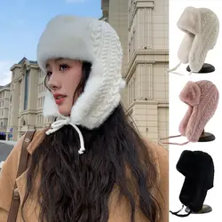 Gorro con protección para los oídos extendida y calidez versátil, gorro de Lei Feng grueso de punto, gorro para el frío para mujer