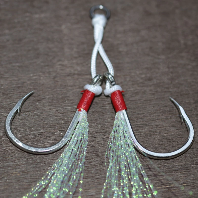 Anzuelos de mariposa para pesca en el océano, gancho de ayuda para Jigging lento, doble luminoso, cordón de gancho teaser y anillo sólido para atún, 2 pares - imagen 4