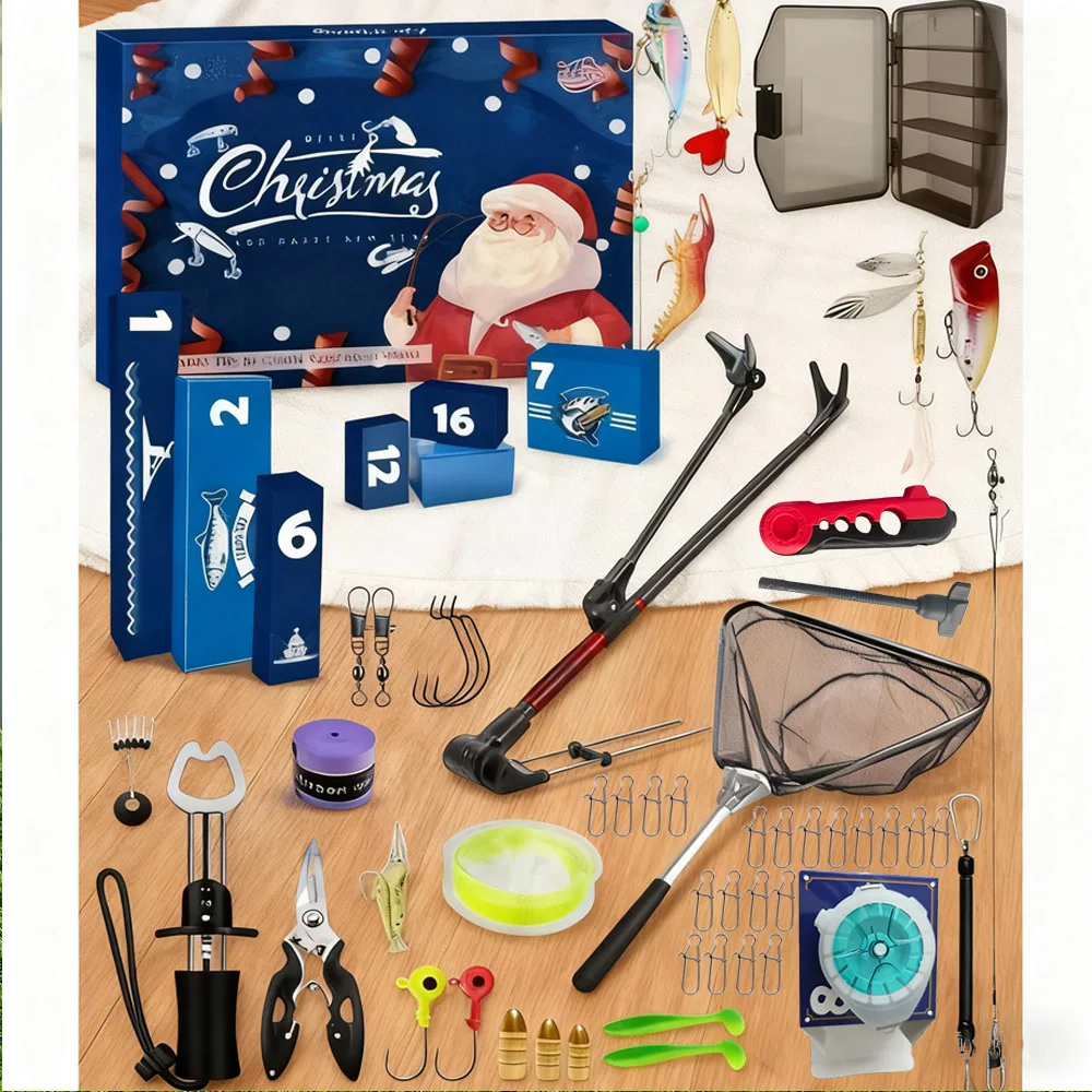 JSFUN-Juego de Señuelos de Pesca, 24 Uds., Combo completo, soporte para caña de pescar, red, señuelos duros suaves, anzuelos de cebos de Metal, caja de aparejos de pesca de regalo - imagen 2