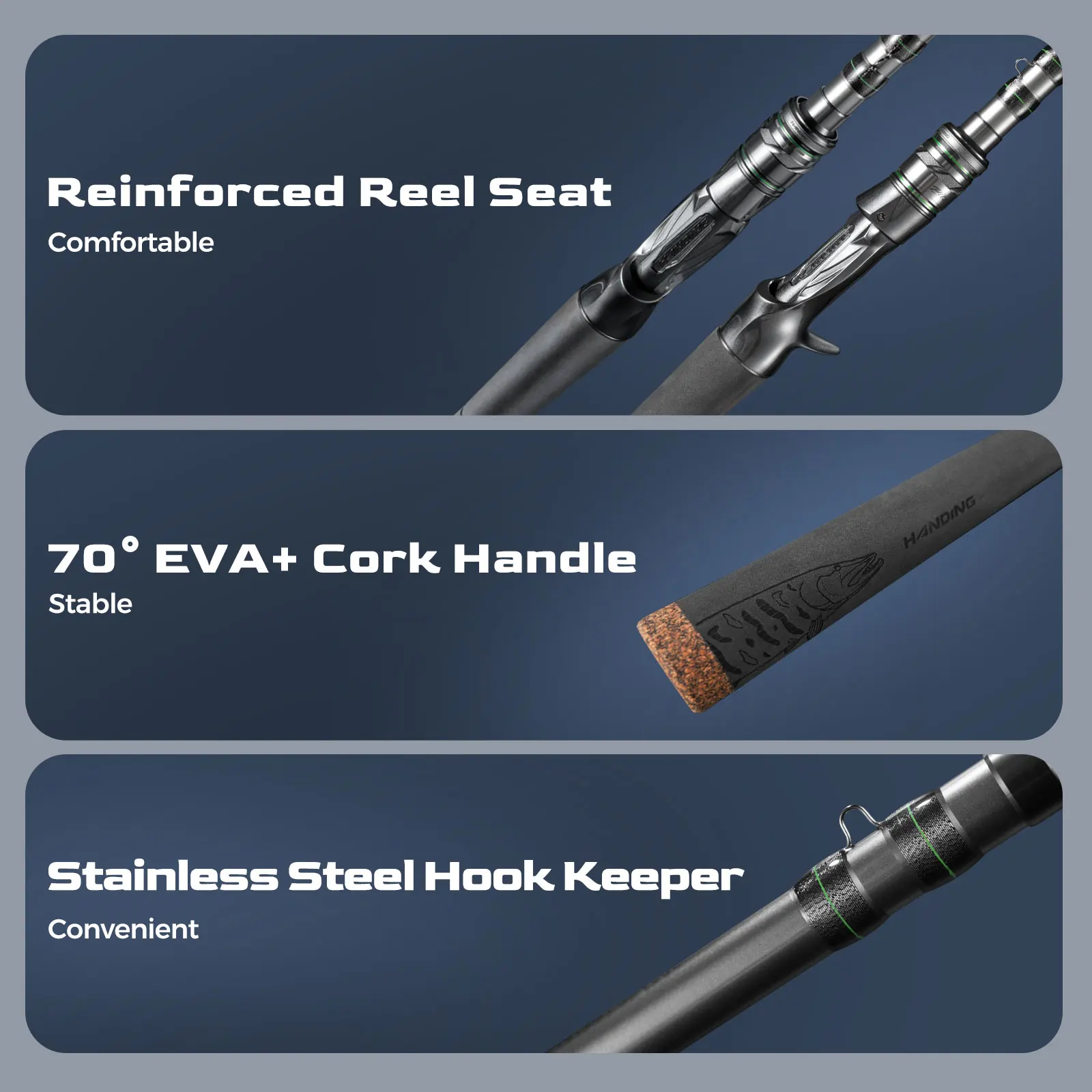 HANDING M1 Pike H/XH cañas de pescar 140g peso del señuelo potentes cañas de fundición de cabeza de serpiente 2,28-2,44 M de longitud mango de acción rápida gigante - imagen 5