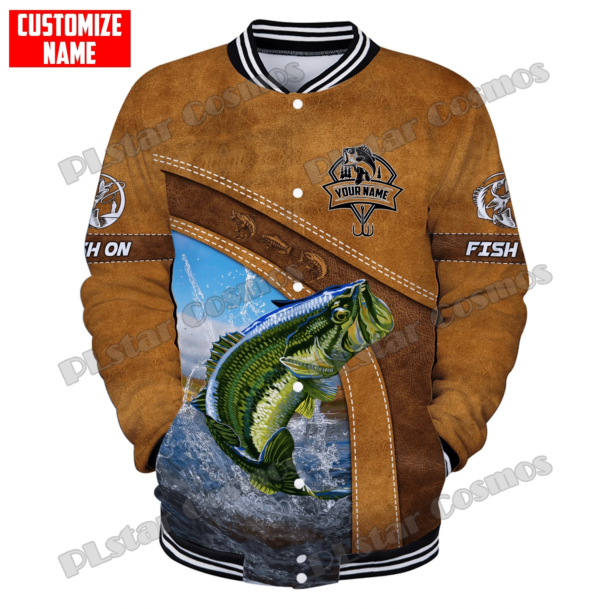 Chaqueta Bomber de pesca de lubina a rayas con nombre personalizado impreso en 3D para hombre, chaqueta de béisbol cálida informal Unisex para invierno FX19 - imagen 3