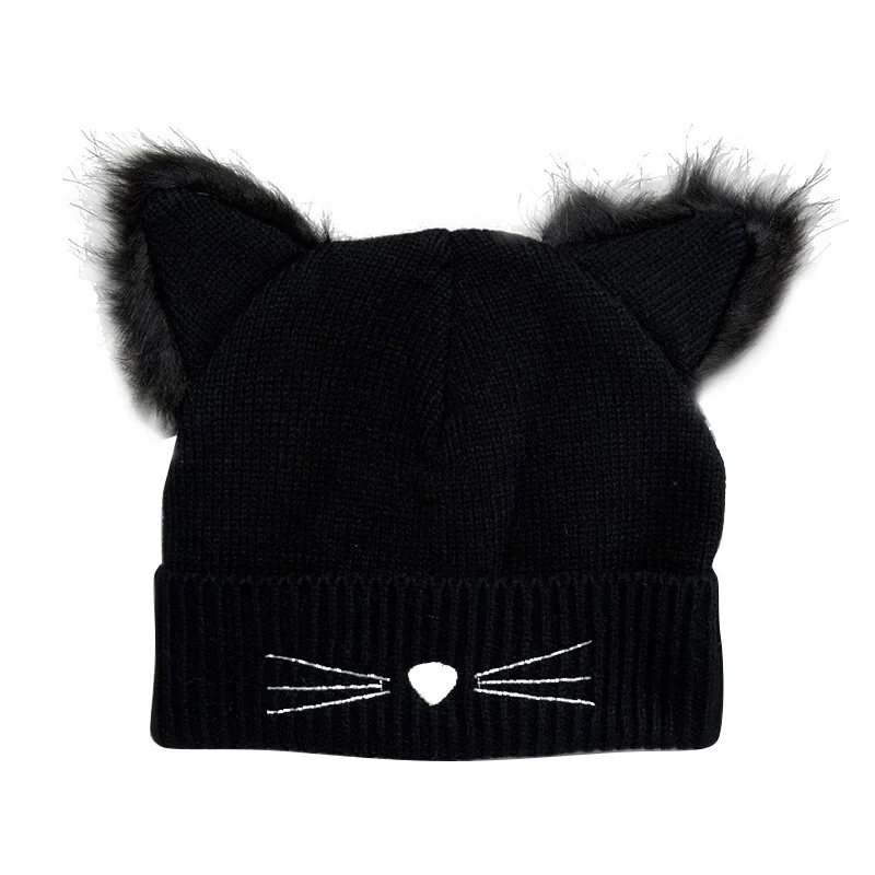 Gorro cálido de invierno para mujer, gorros tejidos de lana con orejas de gato, gorros de visón sintético, gorros con pompón de piel, gorros para mujer - imagen 2