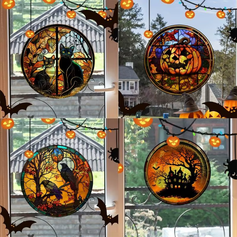 Nueva decoración de fiesta en casa de Halloween, castillo de terror teñido, gato, pegatinas estáticas de PVC para ventana de vidrio, pegamento decorativo sin pegamento