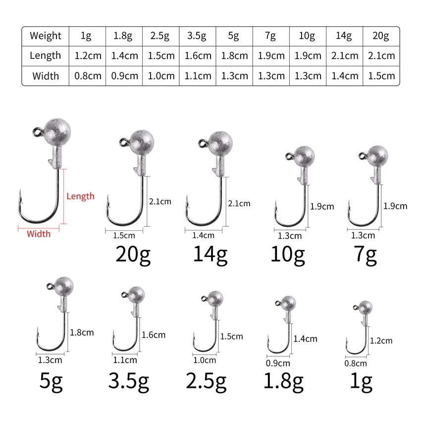 Anzuelo de pesca con cabeza plomada, señuelo duro de gusano blando para pesca, 1g, 2g, 3g, 5g, 7g, 10g, 14g, 20g, 10pc con caja - imagen 2