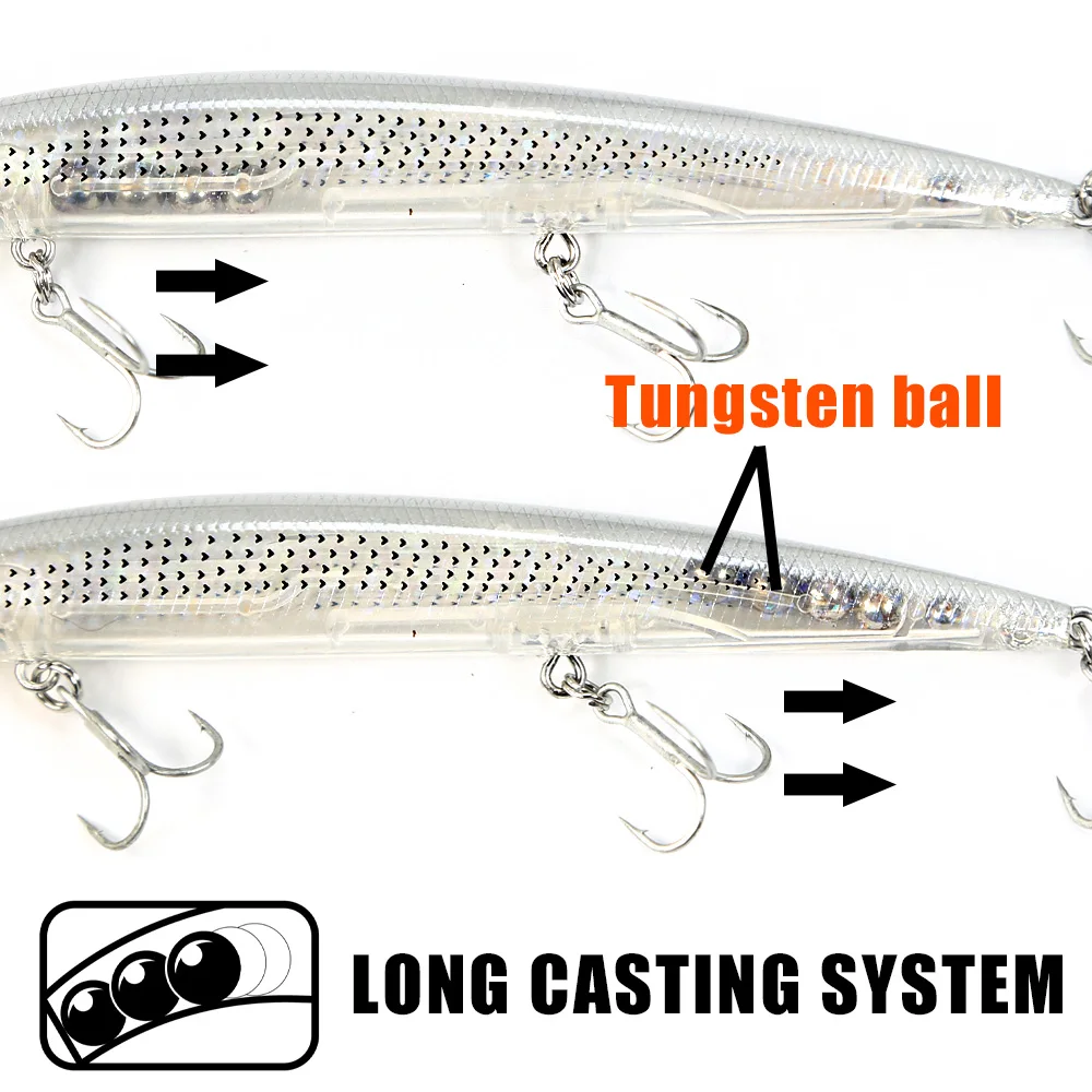 B & U-señuelo flotante para pesca en agua salada, cebo de tungsteno con sistema de movimiento, Wobbler de fundición larga, Minnow, lubina, aparejos de Lucio, 125mm, 145mm - imagen 4