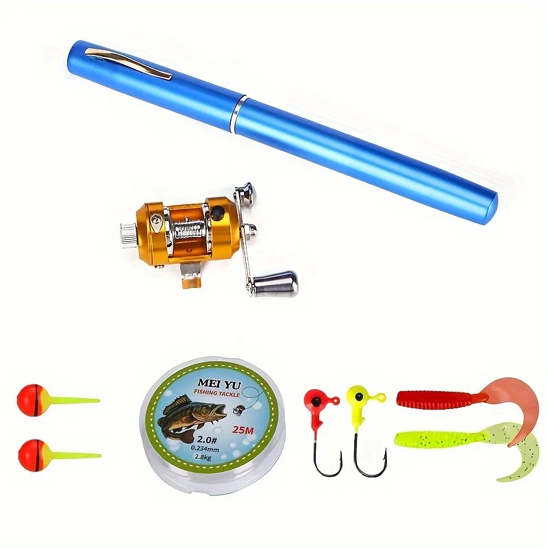 Mini juego de cañas de bolsillo, caña de pescar telescópica y Kit de carrete, pluma, cañas de pescar plegadas portátiles ligeras con herramienta de anzuelos de líneas de carrete - imagen 5