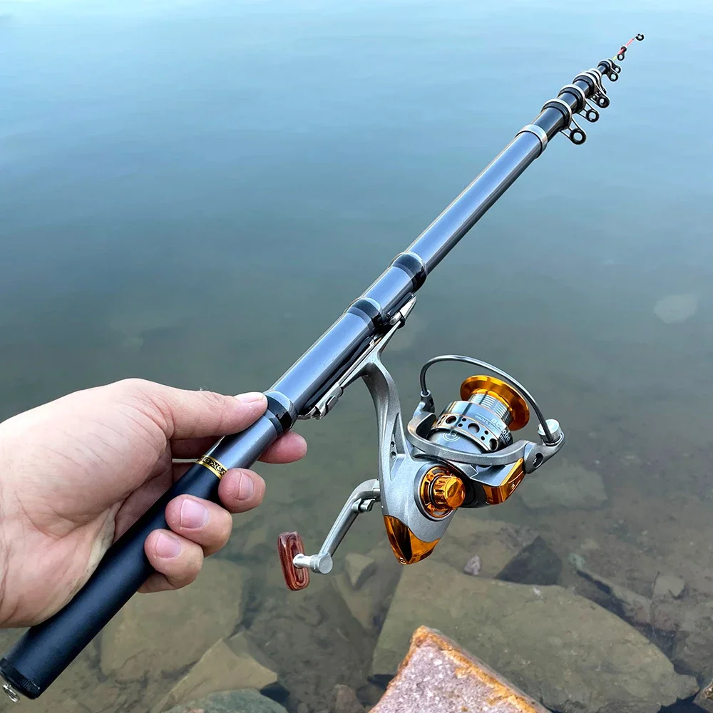 Combo de caña y carrete de Pesca en roca, poste telescópico de fibra de carbono y relación de transmisión 1,5: 1, carretes giratorios para Pesca de lubina, 3,0 m-5,2 m - imagen 5