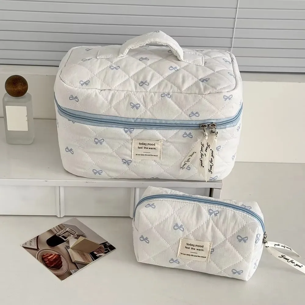 Nuevo bolso de cosméticos con lazo azul para mujer, bolsa de viaje, bolso de almacenamiento de gran capacidad, bolsa de maquillaje con cremallera tipo 3, regalos