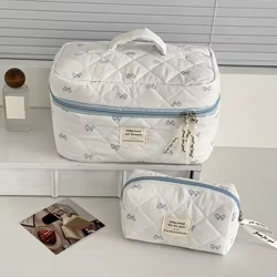 Nuevo bolso de cosméticos con lazo azul para mujer, bolsa de viaje, bolso de almacenamiento de gran capacidad, bolsa de maquillaje con cremallera tipo 3, regalos
