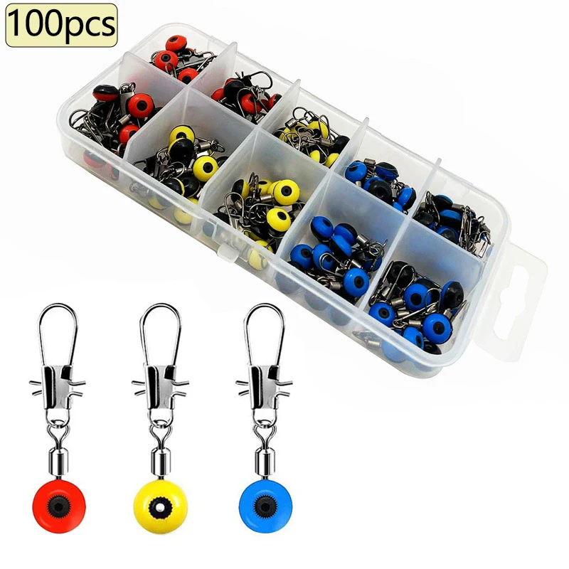 100 unids/caja línea de pesca diapositivas de plomo conector de flotador de pesca giratorios con broches de enclavamiento rojo/amarillo/azul