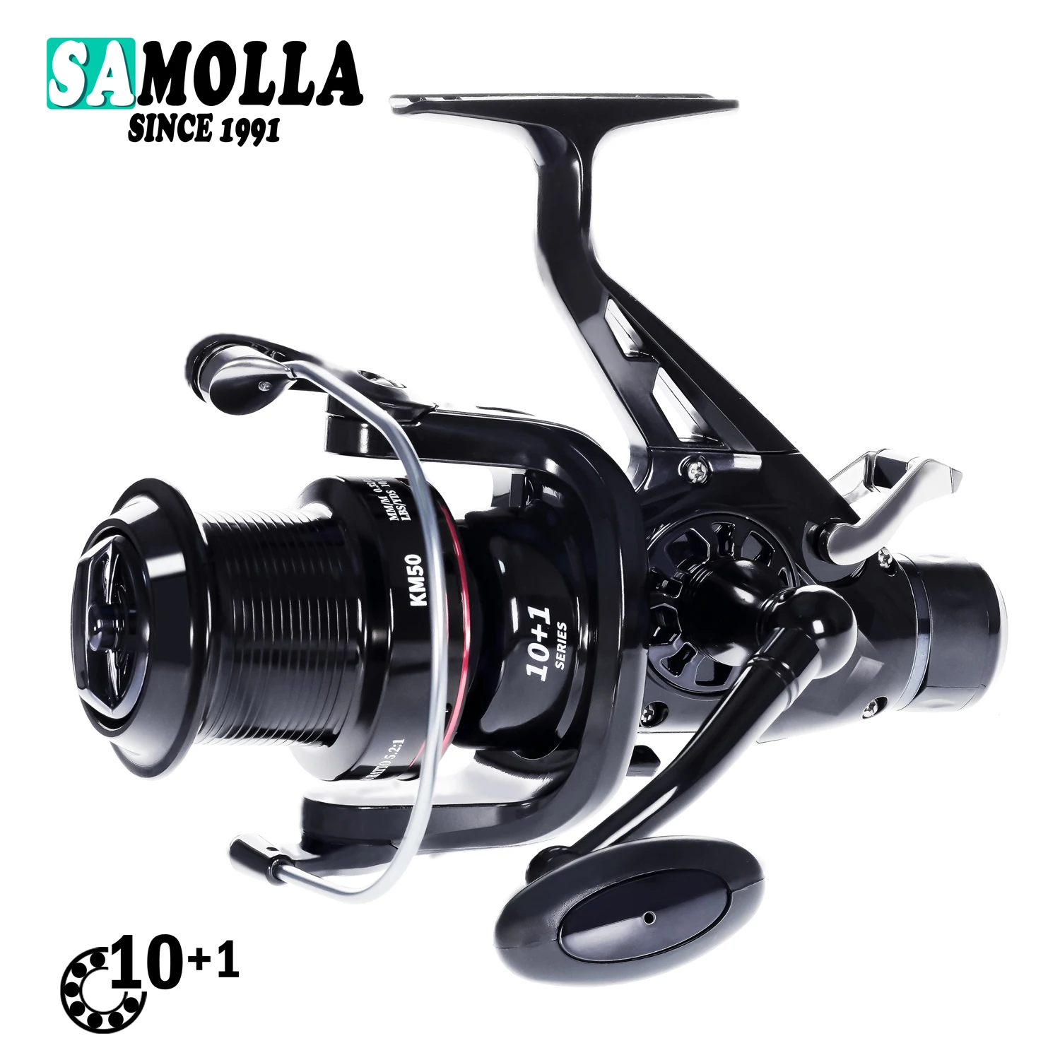 Carrete SAMOLLA mostrando su diseño de giratorio y doble arrastre para pesca efectiva