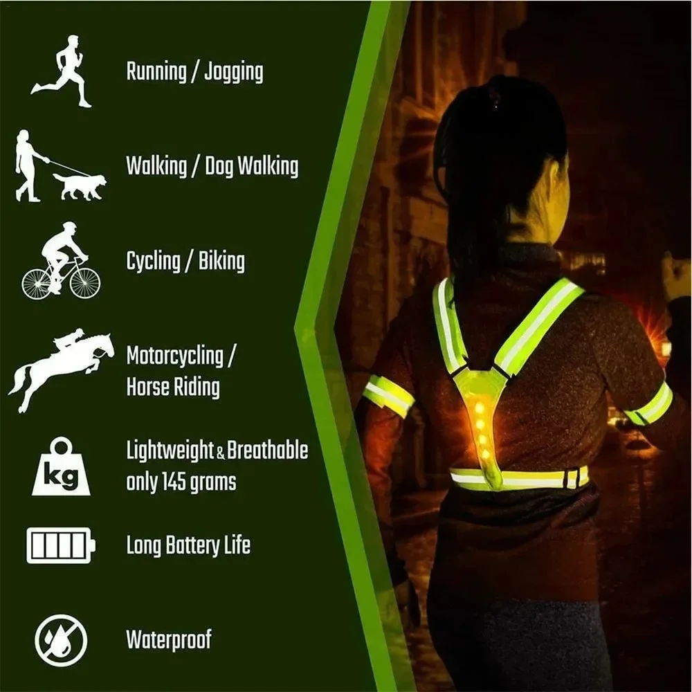 Chaleco para correr de noche de alta visibilidad, chaleco de ciclismo ajustable con 3 modos de luz, chaleco reflectante LED intermitente elástico - imagen 4