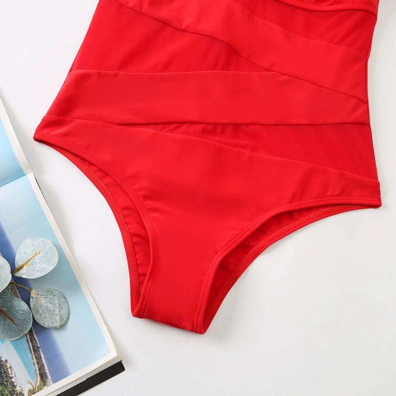 Bañadores de una pieza para mujer, trajes de baño sexys con un hombro, traje de baño adelgazante Irregular con empalme de malla (S-XL), novedad de 2022 - imagen 4