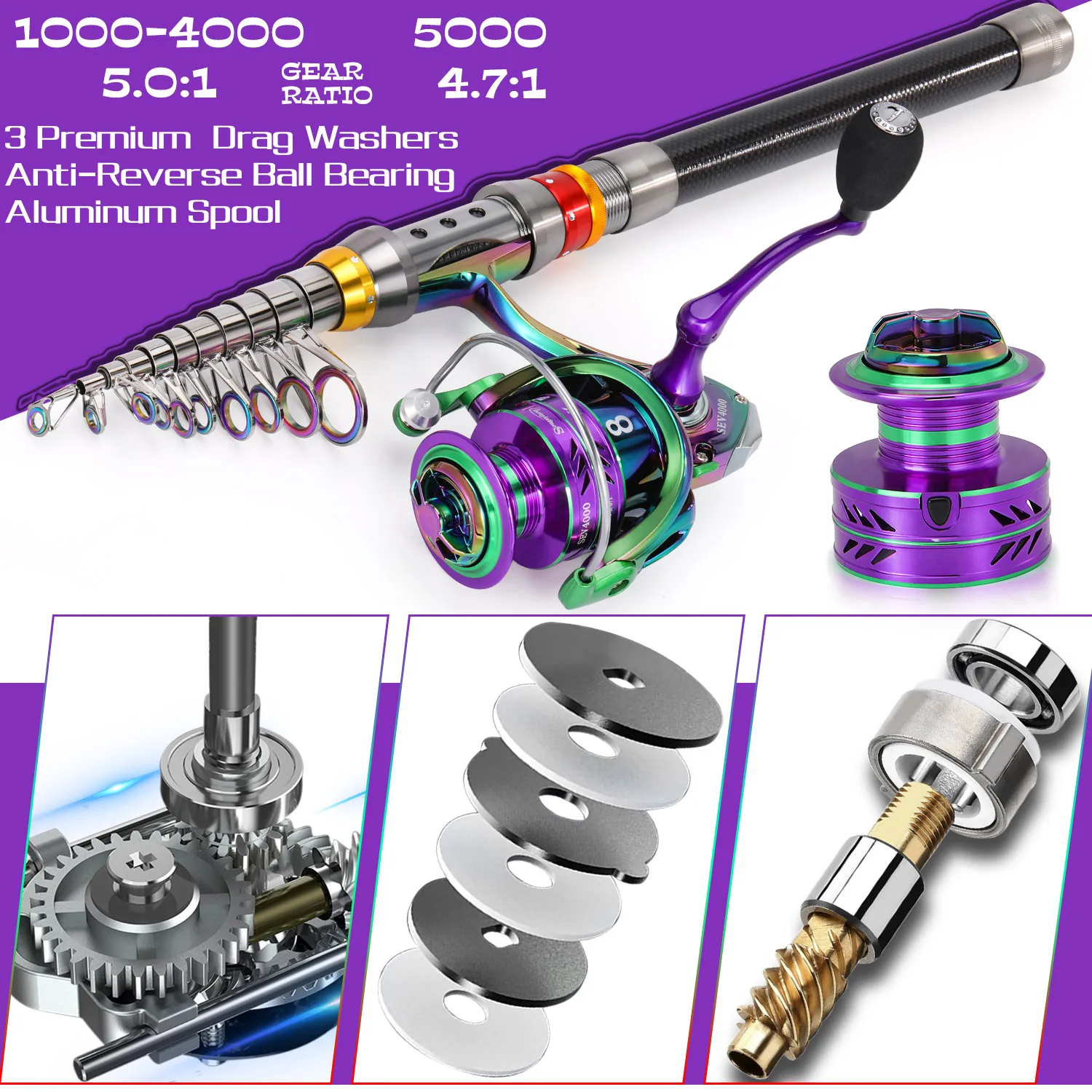 Sougayilang-Juego de caña de pescar telescópica y carrete, caña de pescar de mar de 1,8 m ~ 3,6 m y relación de engranaje 5,0:1, carrete giratorio para pesca en la playa - imagen 4