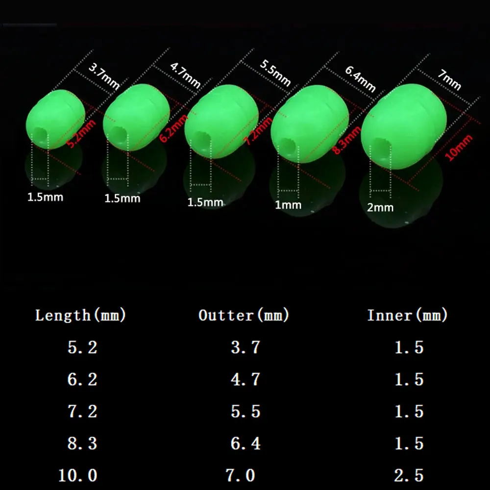 Linoriver 100 Uds. Luminoso verde pesca cilíndrica cuentas de goma suave anzuelo de pesca aparejos de señuelo accesorios tapón brillante frijoles - imagen 2