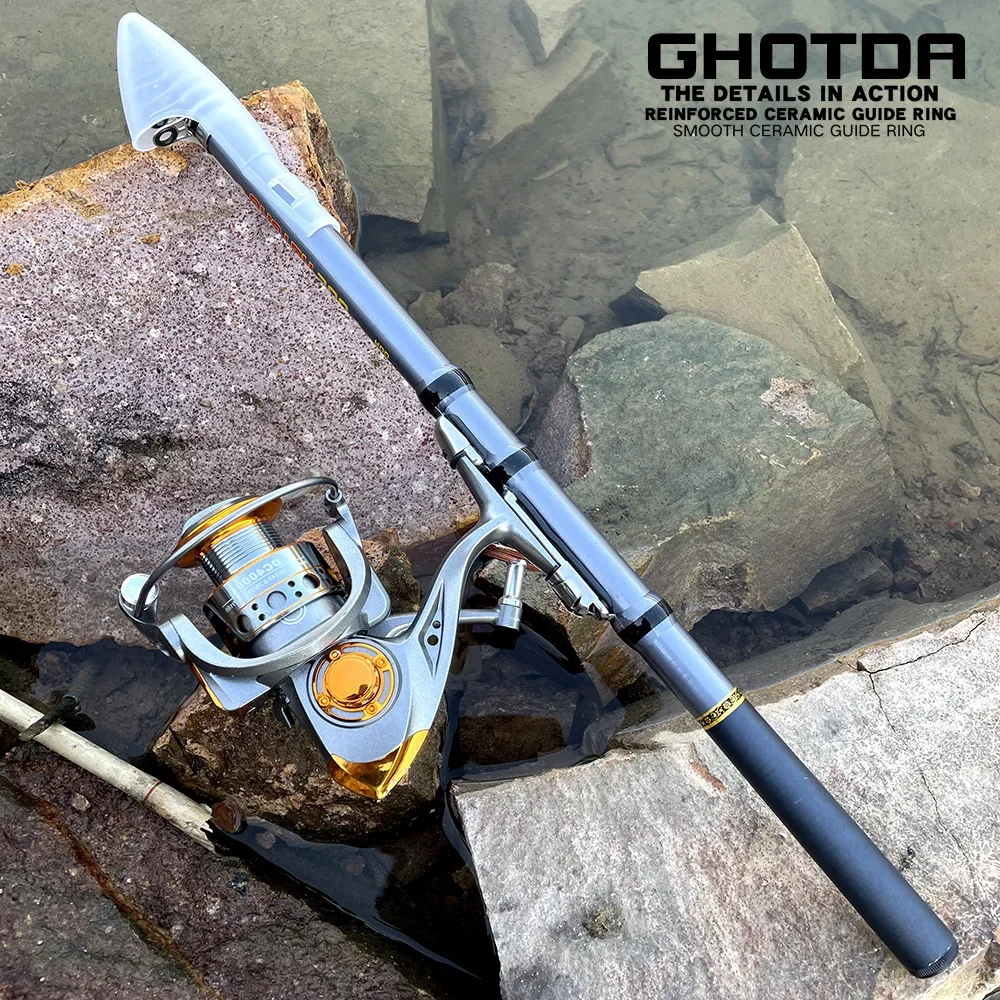 GHOTDA-caña de pescar telescópica corta de fibra de carbono y carrete de pesca giratorio, Kit completo, aparejos de pesca, conjunto de equipo de pesca - imagen 2