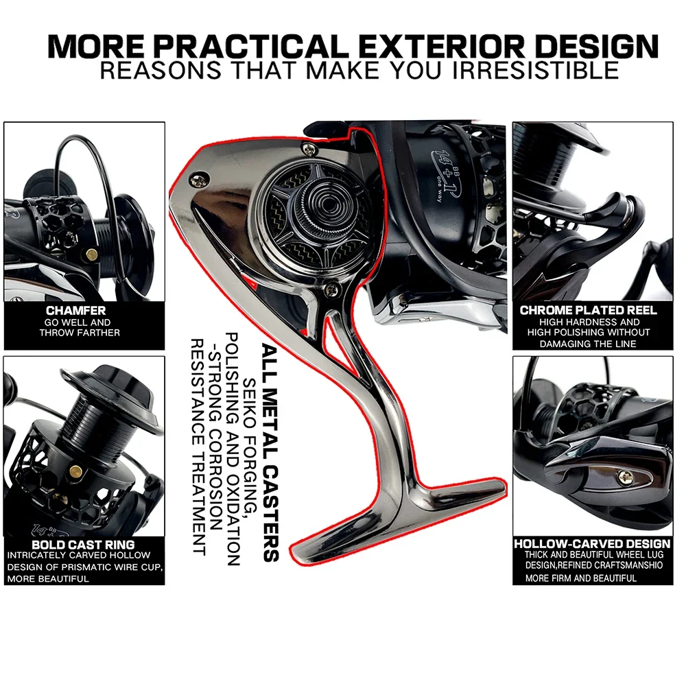 Carretes giratorios lisos de 14 + 1BB con carrete de repuesto 5,5: 1, rueda de pesca de Metal para agua salada y dulce, con indicación de alarma de mordida de pescado - imagen 5