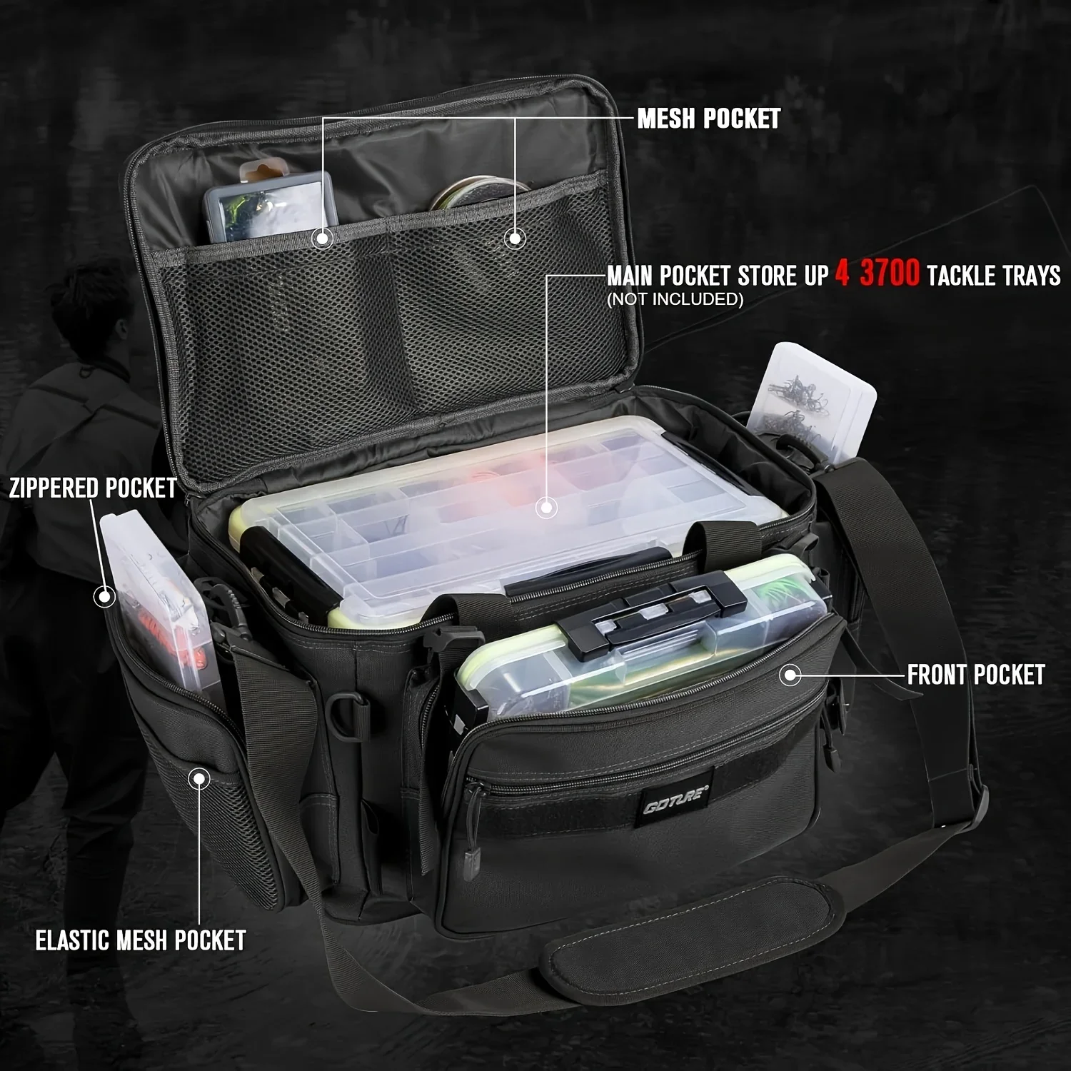 Goture Mochila de pesca impermeable, 3 cajas de aparejos incluidas, base EVA a prueba de golpes para agua salada/bajo, 38 × 24 × 23 cm, diseño compacto - imagen 2