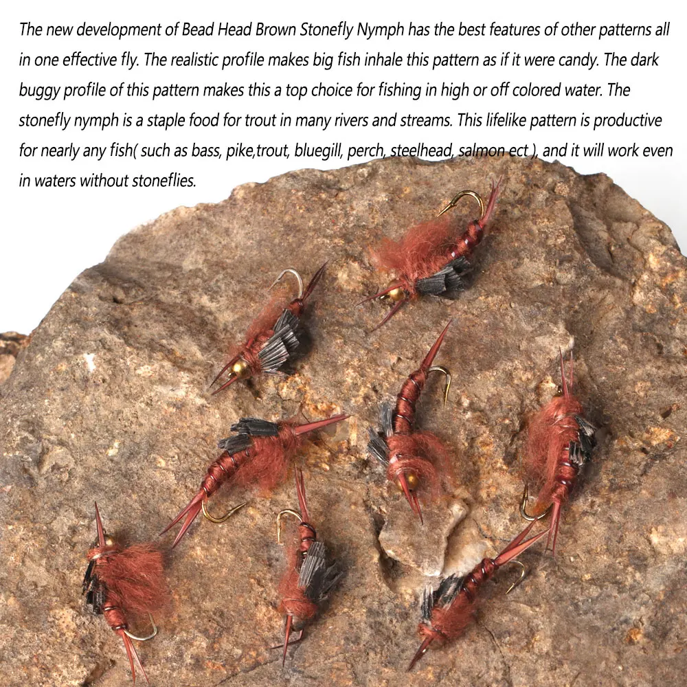 Bimoo-Señuelos de Pesca de latón Stonefly Nymph, Color marrón para trucha, lubina, Bluegill, perca, cabeza de acero, 6 uds., n. ° 12, N. ° 14, N. ° 16 - imagen 4