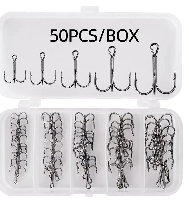 50 piezas/caja # 2/ # 4/ # 6/ # 8/ # 10 anzuelos de pesca de acero rico en carbono, anzuelos agudos volcados, aparejos de pesca, triples curvados redondos para lubina