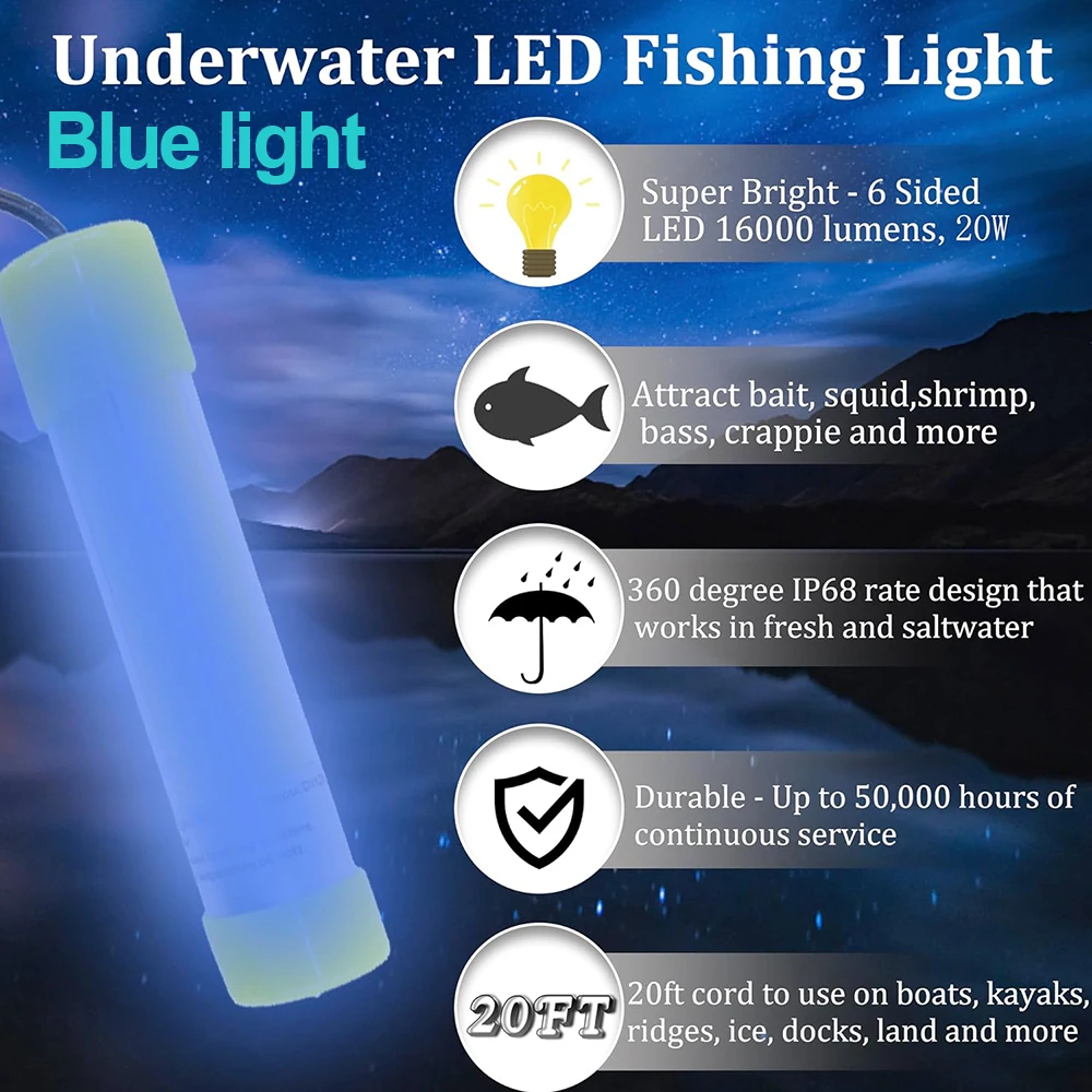 Luz de pesca submarina de 20W DC12-24V superbrillante 16000 lúmenes buscador de señuelos luz de caída profunda buscador de cebo de peces lámpara de pesca - imagen 5