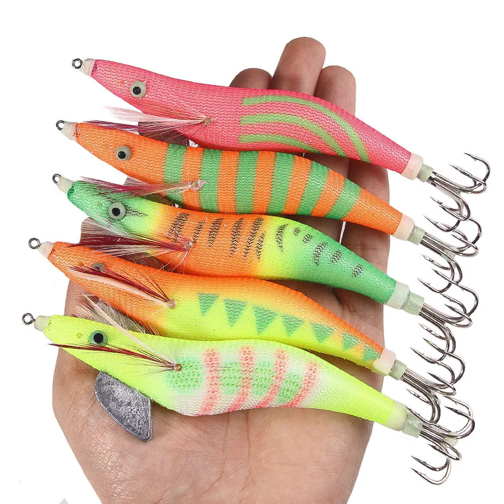 5 unids/set 15cm señuelo de pesca anzuelo de calamar Artificial plantillas de calamar noctilucente plantillas de sepia señuelos Spinnerbait camarones de madera 28g - imagen 3