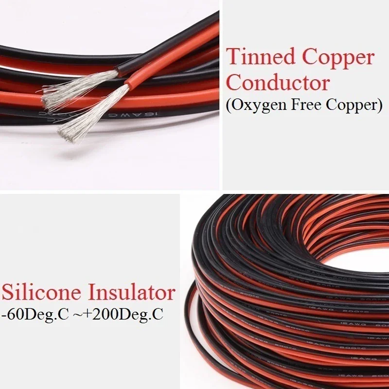 Cable de cobre de 1/2/5M, Cable de goma de silicona suave 8 10 12 14 16 18 20 22 24 26 28AWG, conector Flexible para lámpara LED DIY, negro y rojo - imagen 3