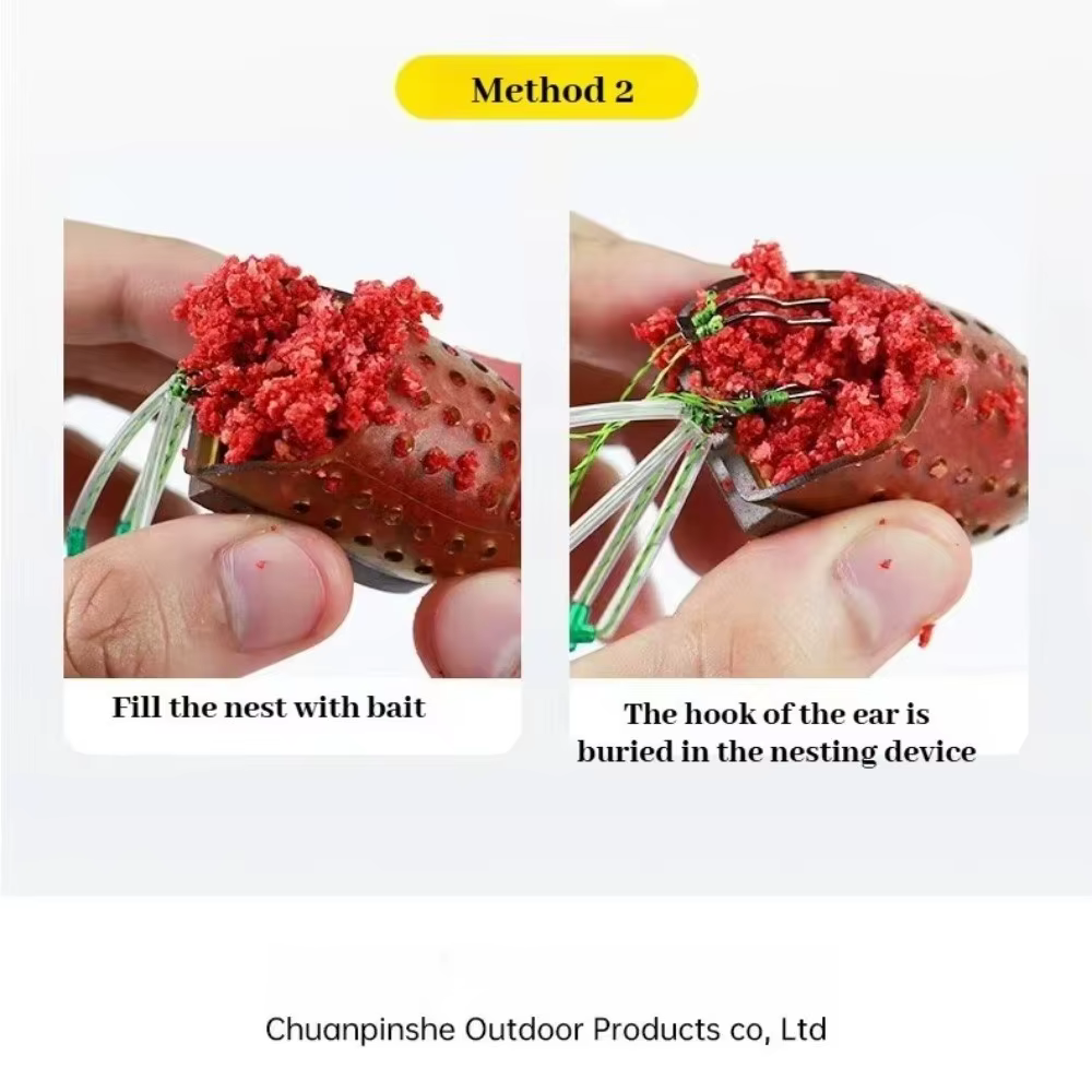 Jaula para cebo de pesca de aleación de aluminio, grupo de flotadores de cuatro anzuelos, juego de pesca con cuatro anzuelos, jaula para cebo, diseño antienredos, flotador de jaula para cebo - imagen 2