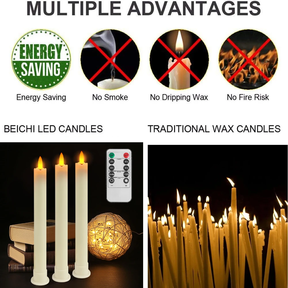 Velas LED cónicas sin llama con temporizador remoto, velas de ventana con mecha 3D, candelabros electrónicos parpadeantes de larga duración, 6 uds. - imagen 3