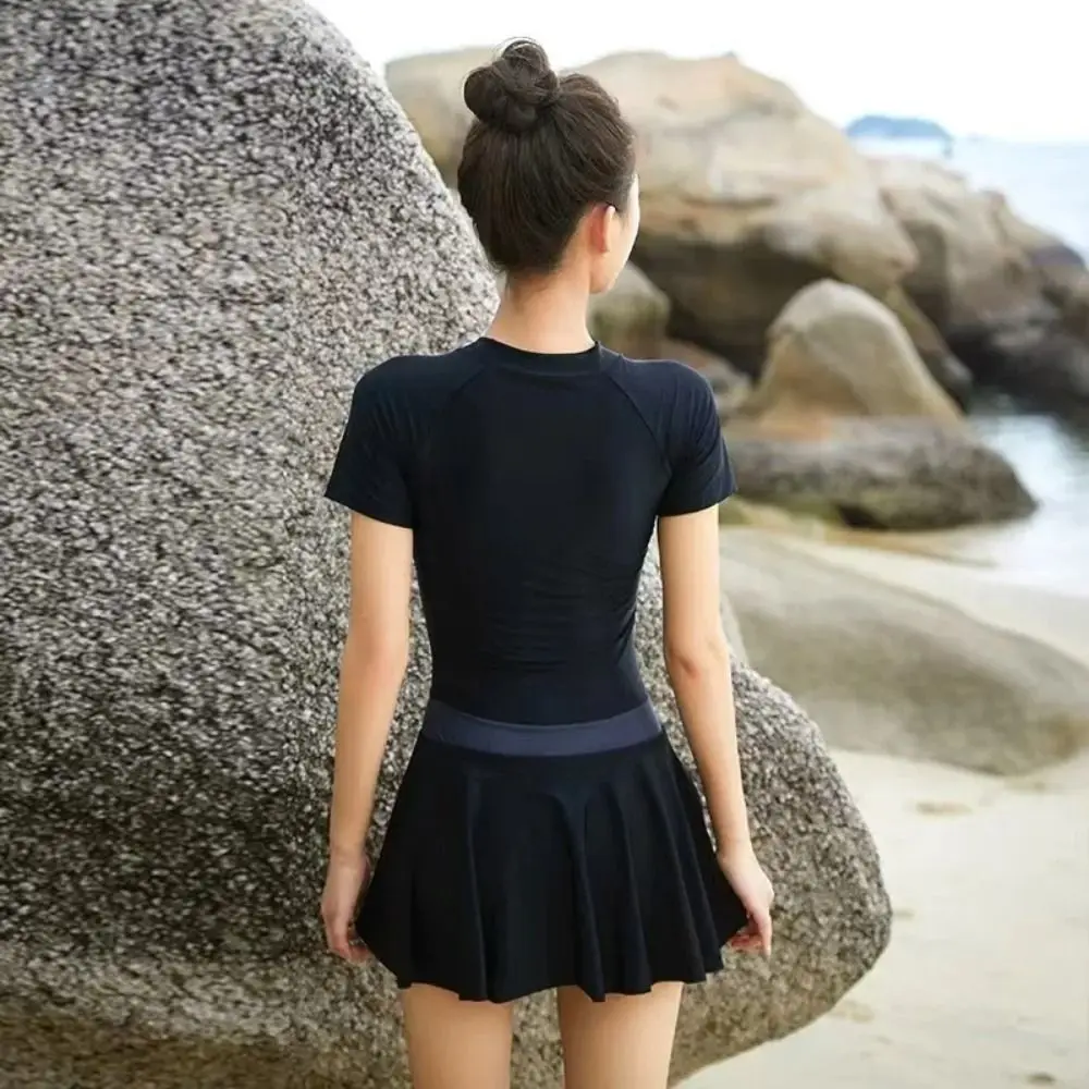 Traje de baño con falda y cremallera de manga larga de Color sólido, ropa de playa con traje de baño acolchado de aguas termales, traje de baño de piscina de estilo deportivo Ins - imagen 2