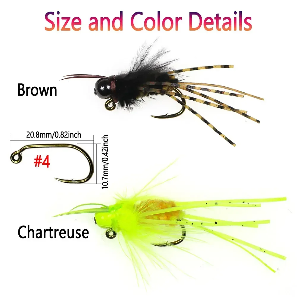 Bimoo 4PCS # 4 faja con cabeza de cuentas de latón, plantilla para insectos, mosca, Grizzly, patas de goma, fregadero rápido, anzuelo de púas Stonefly, Señuelos de pesca de trucha húmeda - imagen 4