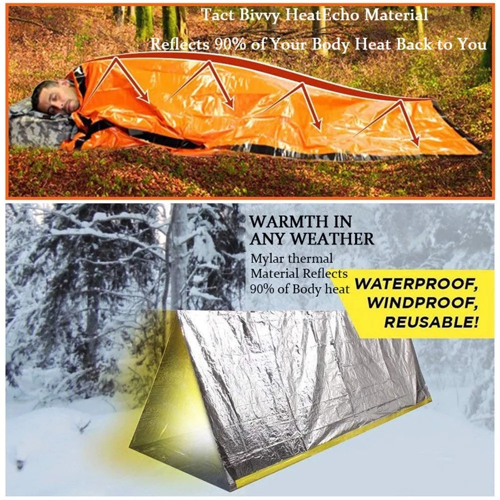 Saco de dormir portátil impermeable para supervivencia de emergencia, equipo de acampada Edc para exteriores, saco térmico, botiquín de rescate de primeros auxilios, manta Mylar - imagen 5