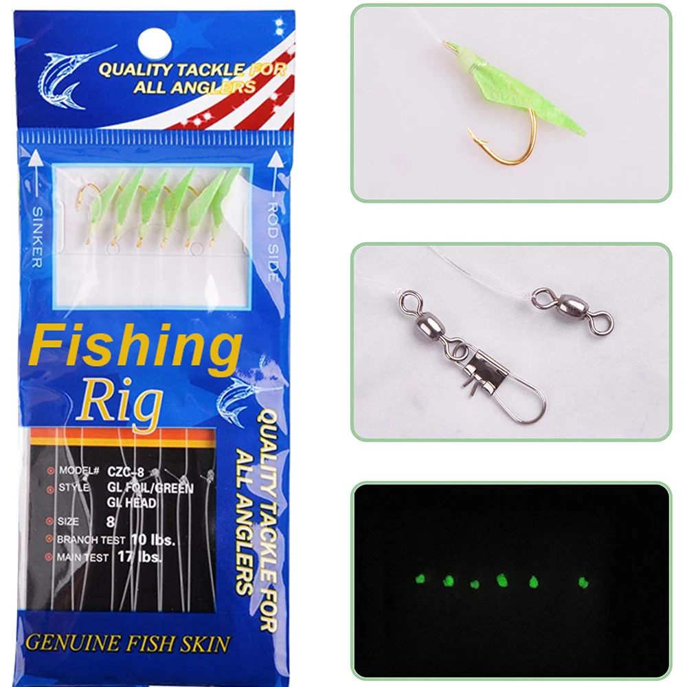 Paquete de 5/10/20 aparejos de cebo de pesca de mar, piel de pescado Real, cuentas luminosas, caballa, agua salada, aparejos de pesca de agua dulce, gancho de cuerda, tamaño 4/6/8 - imagen 3