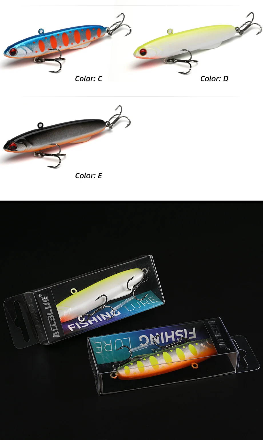 Explore los colores vibrantes y los diseños innovadores de los señuelos de pesca con opciones de color C D y E