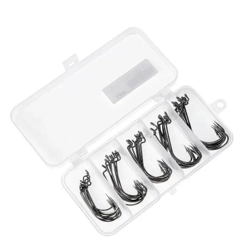 50 unids/caja anzuelos de pesca de manivela ancha anzuelo compensado de acero al carbono 3/0 # -2 #   Anzuelo de pesca de carpa con púas para lubina, juego de señuelos de gusanos blandos - imagen 2