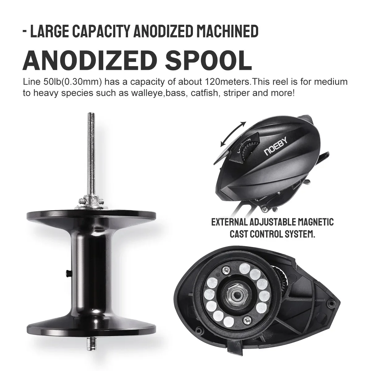 Carrete de pesca Noeby-Pike Baitcasting, relación de engranaje de gran capacidad 6,4:1, engranaje de latón de arrastre máximo de 15 kg, carretes de pesca de aluminio inoxidable - imagen 5