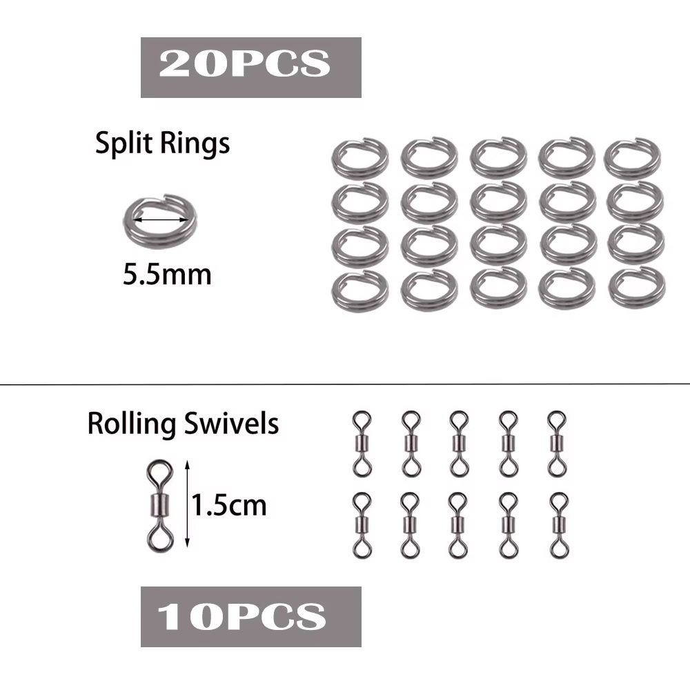 Topwater-Kit de señuelo de rana de pesca suave que incluye 5 piezas, anzuelos dobles, señuelo de pesca de rana, 20 piezas, anillos divididos y 10 piezas giratorias - imagen 3