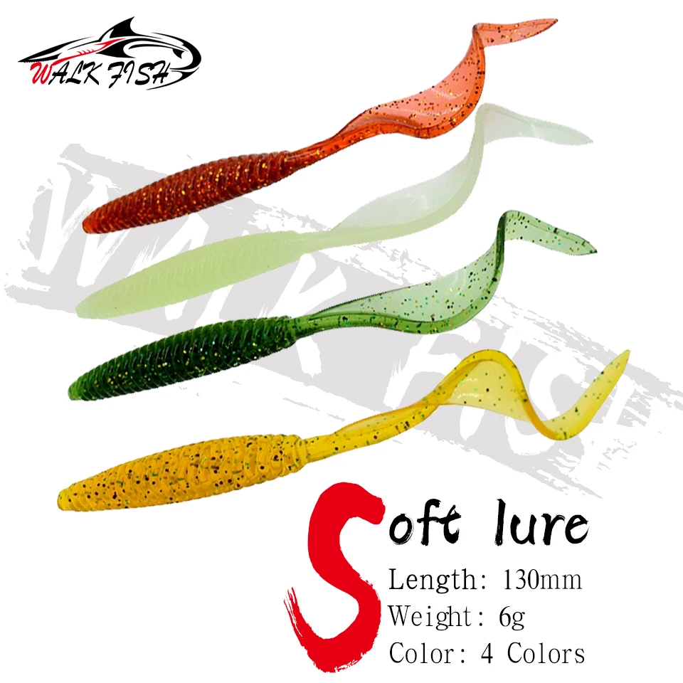 WALK FISH-cebo suave de 5 uds., 13cm, 6g, señuelo de pesca de cola larga, hilo de tornillo, colas de hoz individuales, larva de gusano para lubina, señuelos artificiales