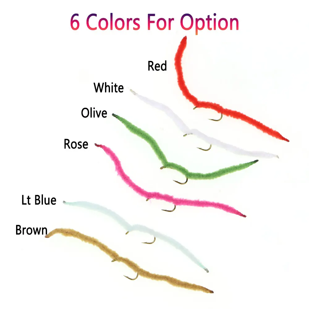 Bimoo 6PCS # 12 Squirmy chenilla San Juan gusano mosca Artificial Squirmy mosca húmeda lombriz mosca trucha Grayling Bluegill Señuelos de pesca - imagen 4