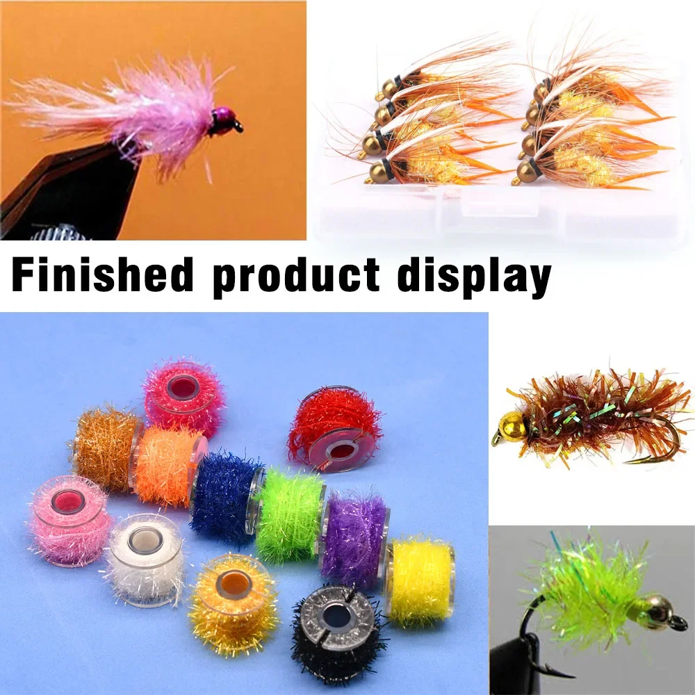 12 carretes de oropel multicolor, línea de chenilla, línea de Flash de cristal, Total de 60M, Material de atado de pesca con mosca para insectos ninfáticos Scud - imagen 3