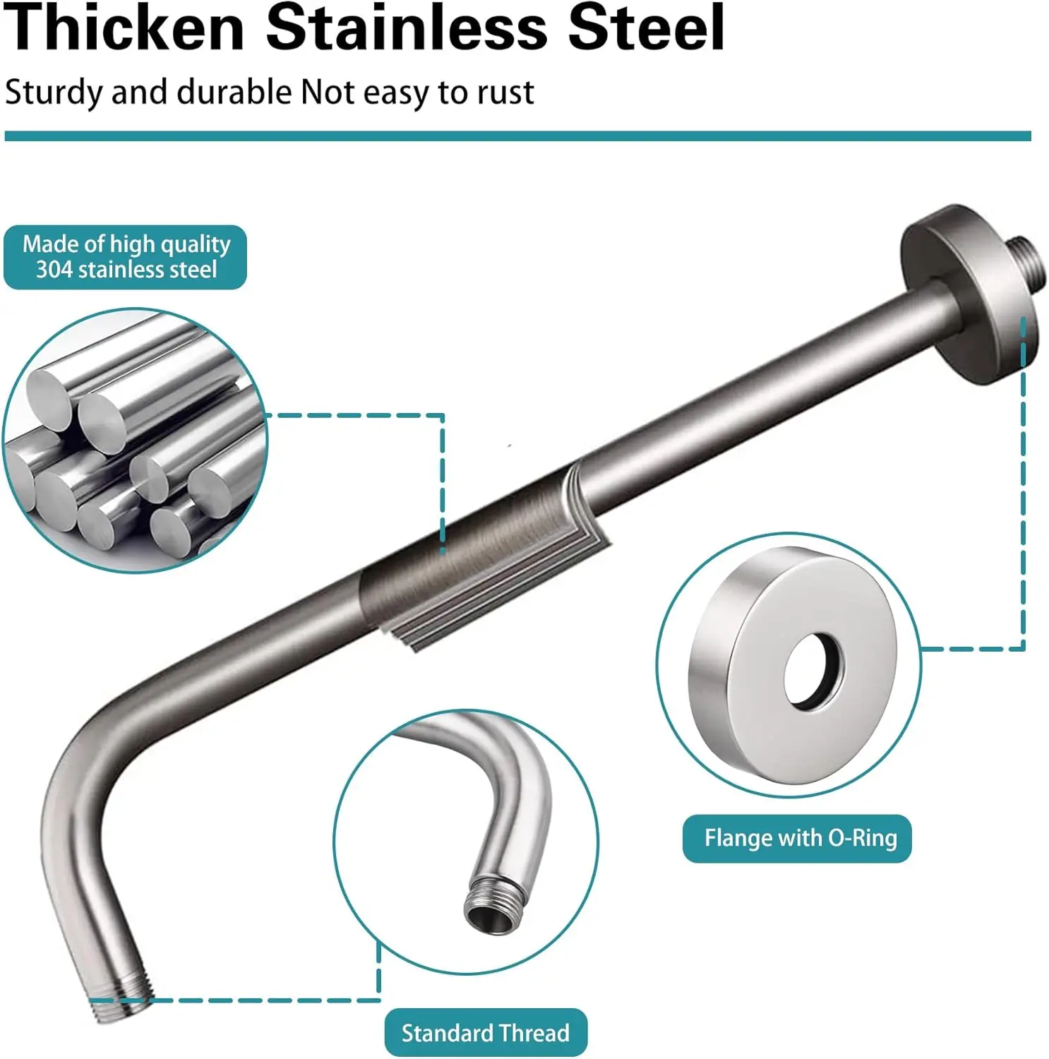 Brazo de ducha de 12/16 pulgadas con brida, brazo de cabezal de ducha montado en la pared de acero inoxidable para cabezal de ducha fijo, piezas de repuesto para baño - imagen 4