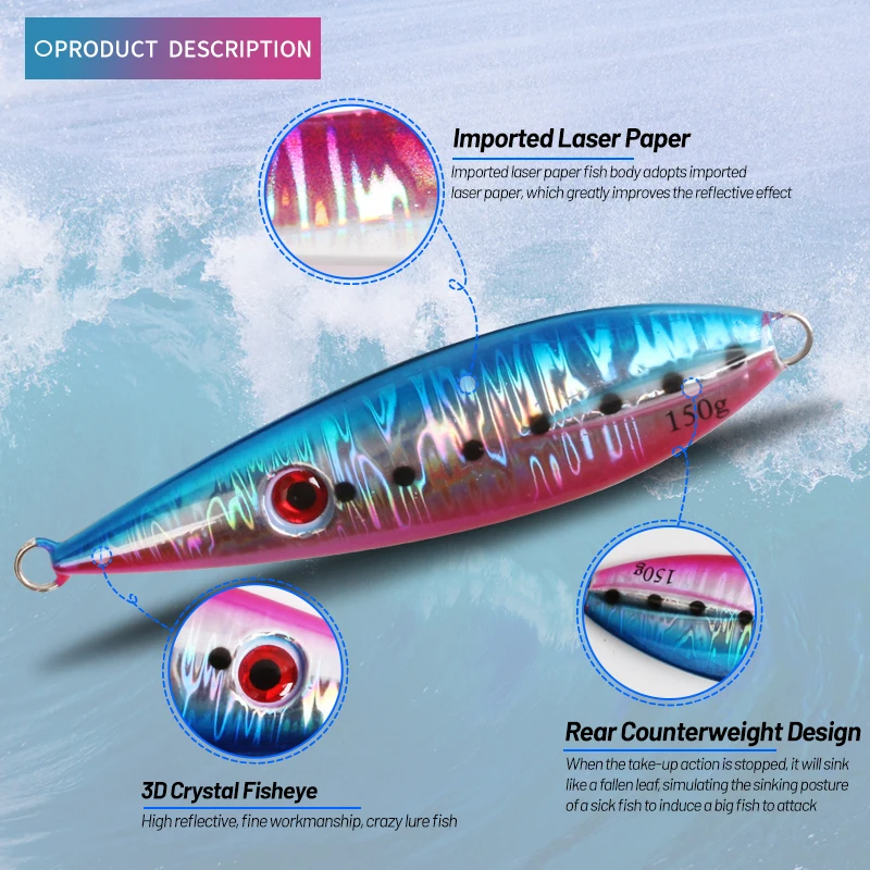 TEASER J48 100g 130g 150g cuchara de hundimiento lento Señuelos de pesca Jigging Metal agua salada aguas profundas plantillas luminosas señuelo plantilla Vertical cebo - imagen 5