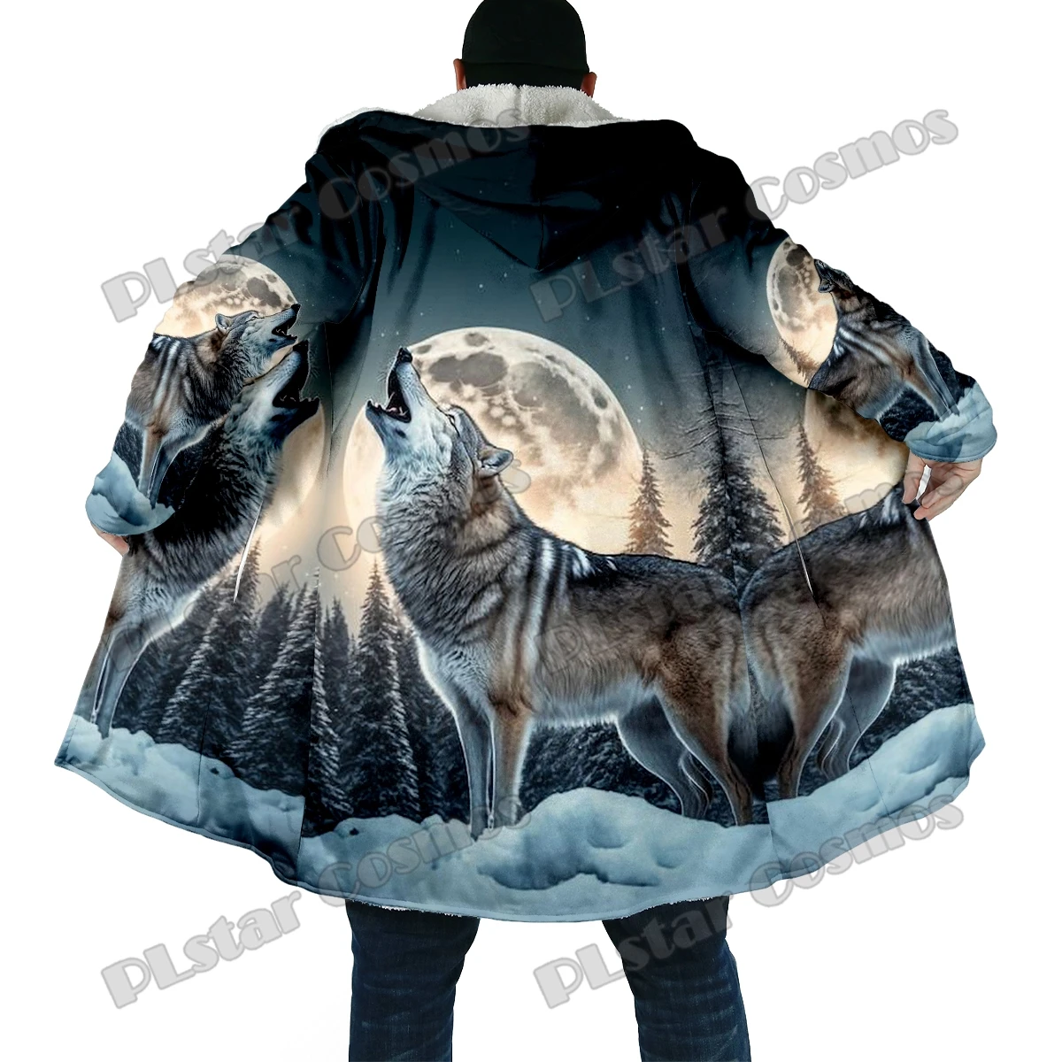 Capa de moda de invierno para hombre, capa con capucha de lana gruesa con estampado 3D de lobo Animal, capa cálida informal Unisex BB54 - imagen 5