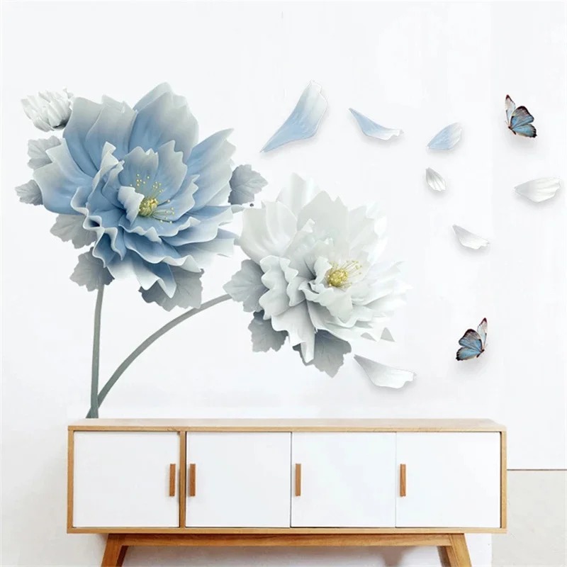 Pegatinas de pared extraíbles de mariposa y loto, flor blanca y azul grande, calcomanías artísticas de pared 3D, decoración del hogar, arte Mural para sala de estar y dormitorio - imagen 4