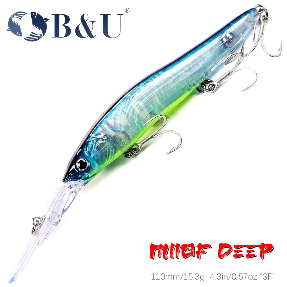 B & U-señuelo Wobbler de pececillo flotante lento para buceo profundo, 110mm, cebo duro Artificial, Crankbait, Lucio, Walleye, perca, equipo de pesca